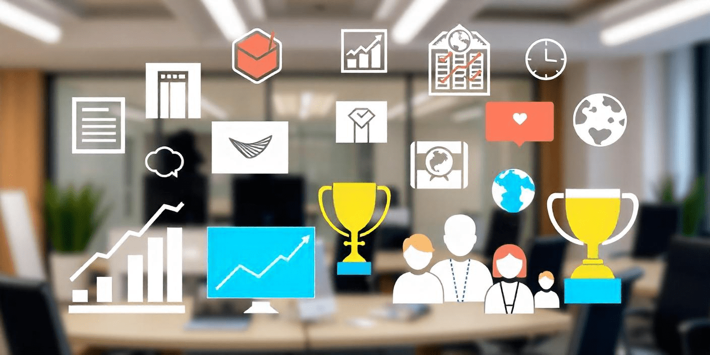 Various CRM examples with a background of an office